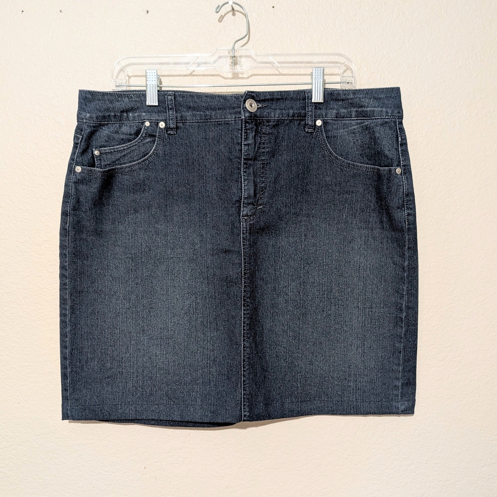 Bandolino Y2K Dark Wash Denim Mini Stretch Jean Skirt 5-Pocket Size 14